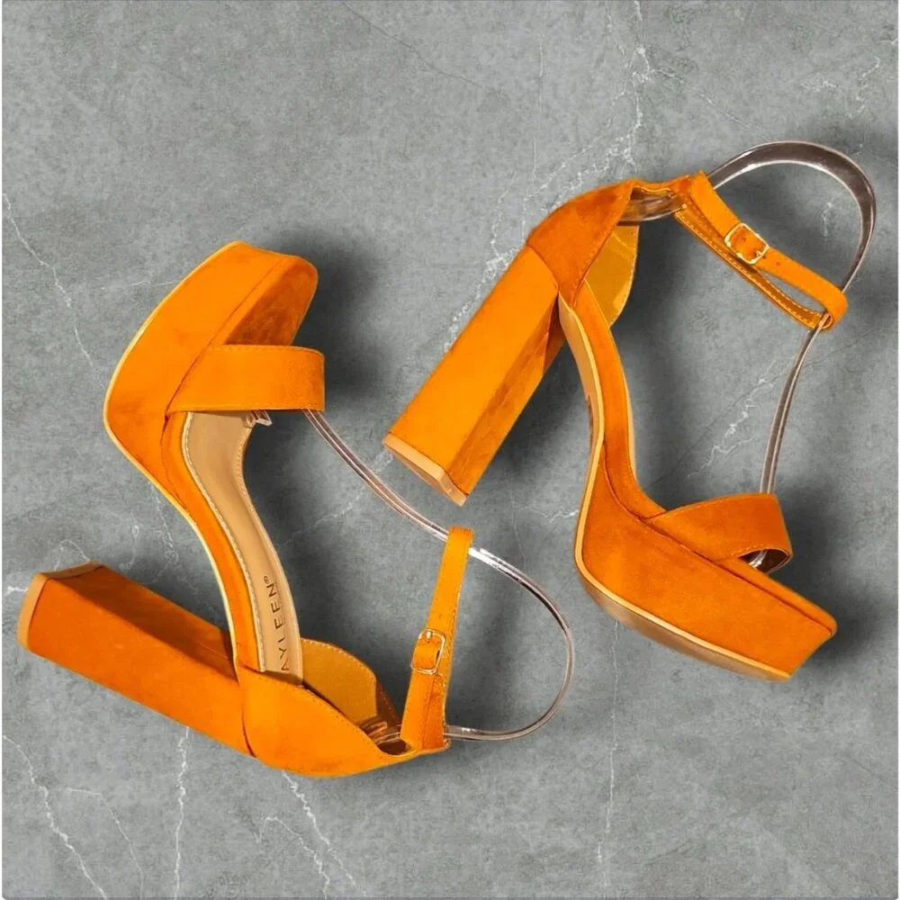 Block Heel Ankle Strap Open Toe Platform Sandals In Vibrant Camel Faux Suede